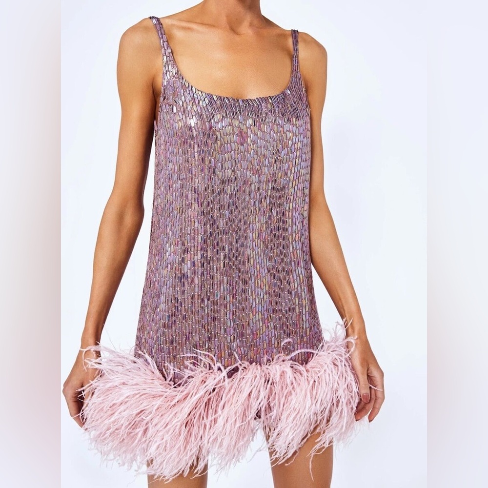 Sequin Mini Dress with Feather Hem Alexis